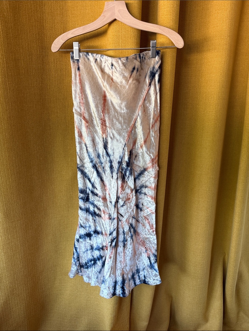 Tie-Dye Velvet Midi Skirt in Cream, Navy & Rust